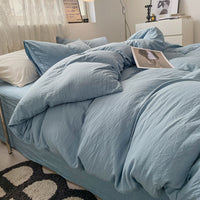 HKM-005203 Solid Color Washed Cotton Duvet Cover 4-Piece Bed Set with Fitted Sheet and Pillowcases