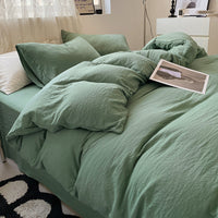 HKM-005203 Solid Color Washed Cotton Duvet Cover 4-Piece Bed Set with Fitted Sheet and Pillowcases