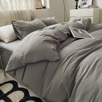 HKM-005203 Solid Color Washed Cotton Duvet Cover 4-Piece Bed Set with Fitted Sheet and Pillowcases