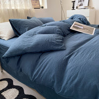 HKM-005203 Solid Color Washed Cotton Duvet Cover 4-Piece Bed Set with Fitted Sheet and Pillowcases