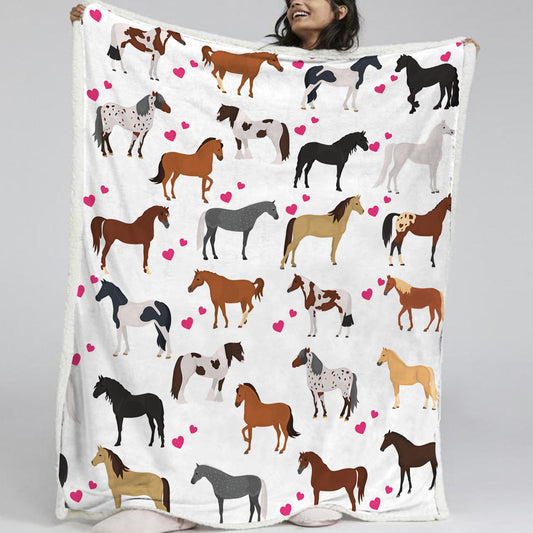 HKM-005395 Soft Lamb Wool Fleece Blanket with Heart and Horse Design - Versatile for Home, Office, and Outdoor Use