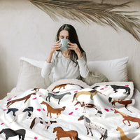 HKM-005395 Soft Lamb Wool Fleece Blanket with Heart and Horse Design - Versatile for Home, Office, and Outdoor Use