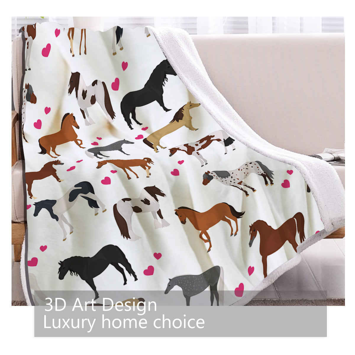 HKM-005395 Soft Lamb Wool Fleece Blanket with Heart and Horse Design - Versatile for Home, Office, and Outdoor Use
