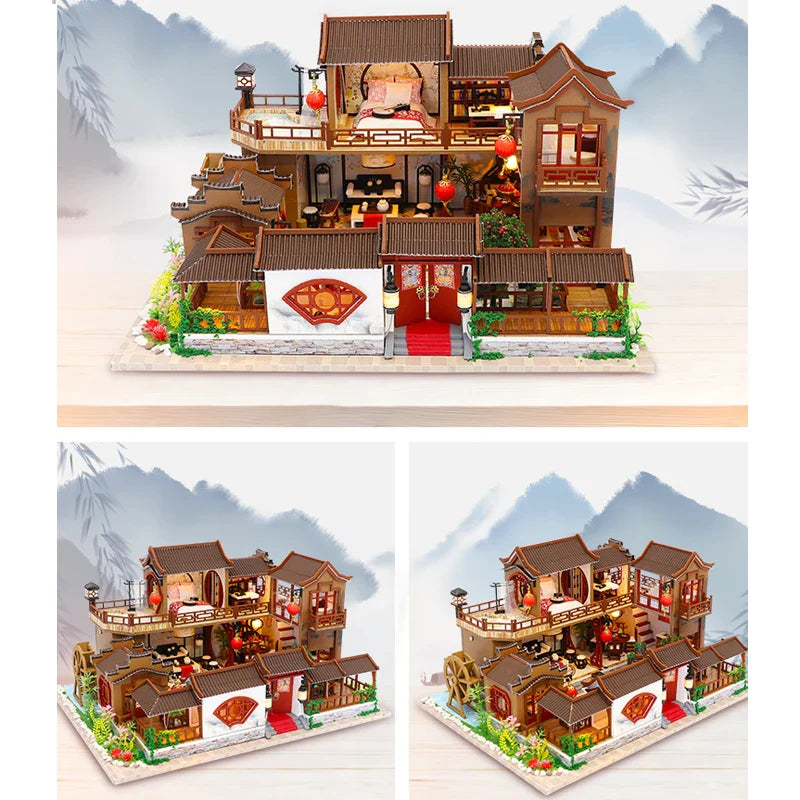 HKM-005651 Chinese Style Wooden Dollhouse Furniture Set for Kids, Miniature Puzzle Toy for Ages 5-7