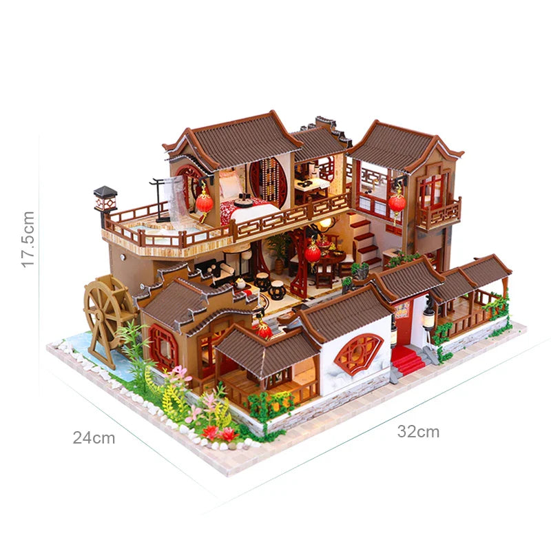 HKM-005651 Chinese Style Wooden Dollhouse Furniture Set for Kids, Miniature Puzzle Toy for Ages 5-7