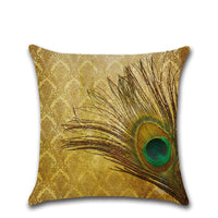 HKM-006099 Peacock Feather Print Linen Cushion Cover - Modern Cartoon Style 45x45cm