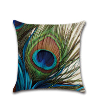 HKM-006099 Peacock Feather Print Linen Cushion Cover - Modern Cartoon Style 45x45cm