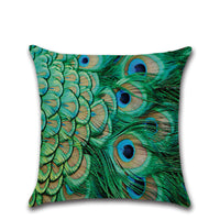 HKM-006099 Peacock Feather Print Linen Cushion Cover - Modern Cartoon Style 45x45cm