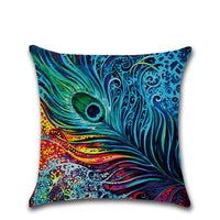 HKM-006099 Peacock Feather Print Linen Cushion Cover - Modern Cartoon Style 45x45cm