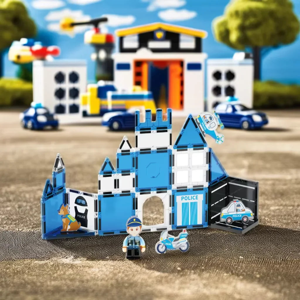 Magnetic Police Theme Building Blocks Set for Kids - 3D Plastic Tiles with Magnets