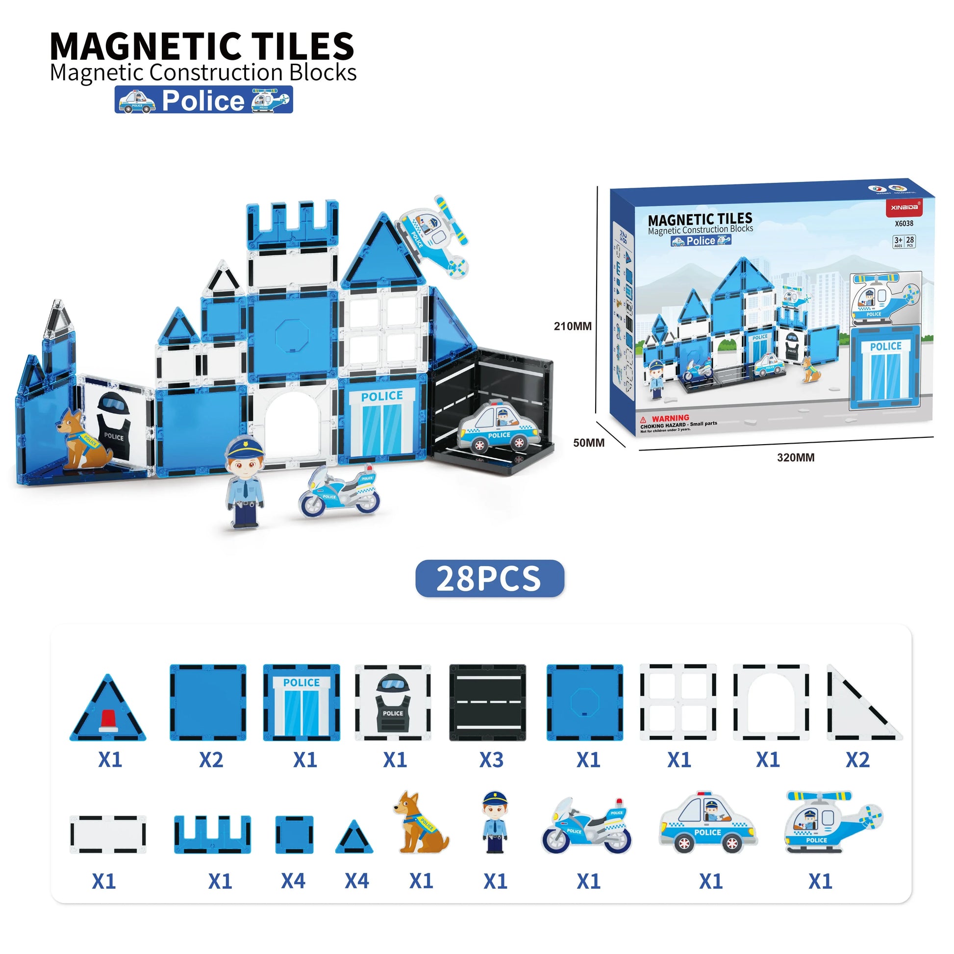 Magnetic Police Theme Building Blocks Set for Kids - 3D Plastic Tiles with Magnets
