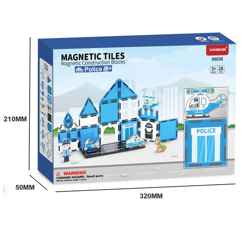 Magnetic Police Theme Building Blocks Set for Kids - 3D Plastic Tiles with Magnets