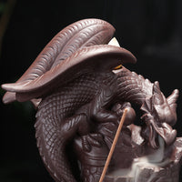 HKM-006483 Ceramic Incense Burner with Flying Dragon and Mountain Water Design, 11cm Long and 15cm High