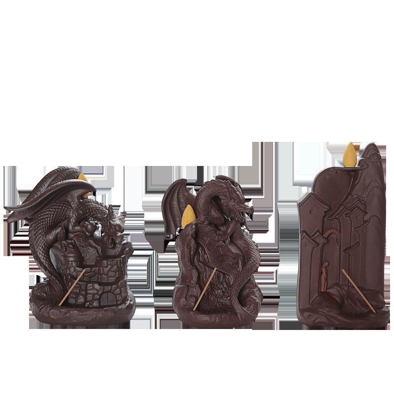 HKM-006483 Ceramic Incense Burner with Flying Dragon and Mountain Water Design, 11cm Long and 15cm High