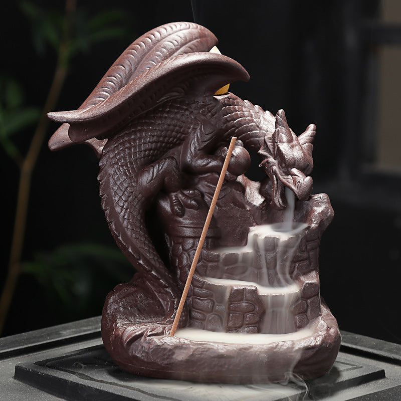 HKM-006483 Ceramic Incense Burner with Flying Dragon and Mountain Water Design, 11cm Long and 15cm High