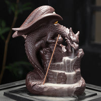 HKM-006483 Ceramic Incense Burner with Flying Dragon and Mountain Water Design, 11cm Long and 15cm High