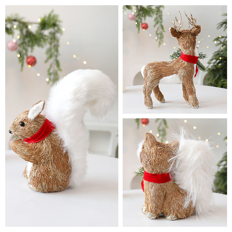 HKM-006995 Straw Ornaments Set: Fox, Squirrel, and Deer for Festive Decor
