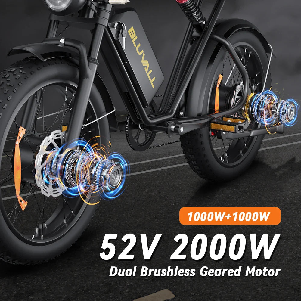 KTX-007251 Long Range 2000W 52V Dual Battery Mountain E-Bike with 20" Fat Tires and Hydraulic Disc Brakes