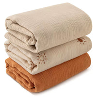HKM-007699 Soft Cotton Gauze Hug Blanket Set - Three-Piece, Multilayer Designs, 100x100cm & 120x120cm
