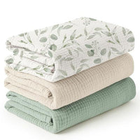 HKM-007699 Soft Cotton Gauze Hug Blanket Set - Three-Piece, Multilayer Designs, 100x100cm & 120x120cm