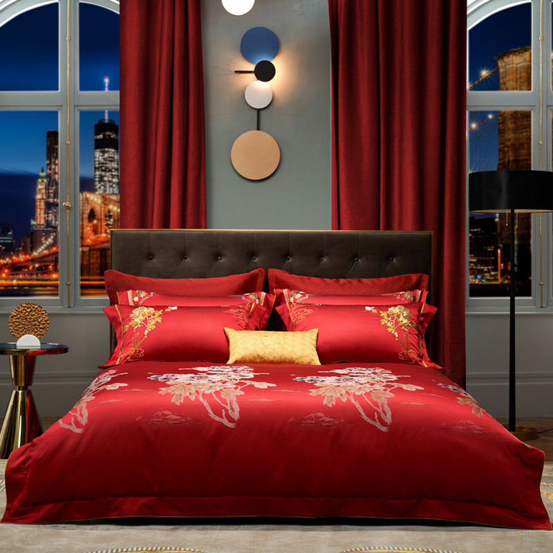 HKM-008019 Cotton Four-Piece Bedding Set with Geometric Pattern for Queen and King Size Beds