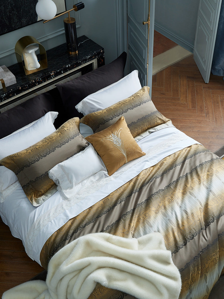 HKM-008019 Cotton Four-Piece Bedding Set with Geometric Pattern for Queen and King Size Beds