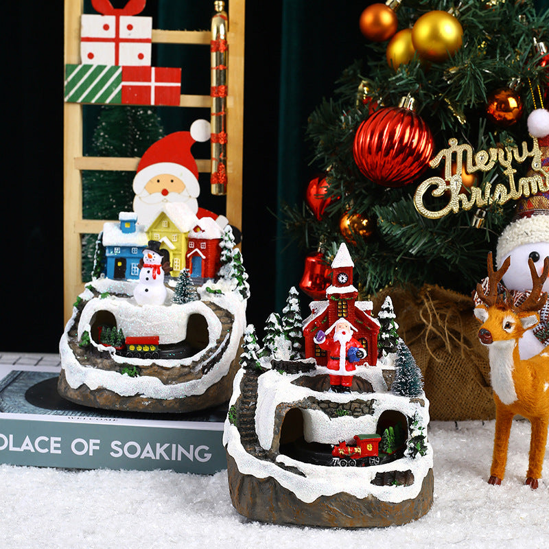 HKM-008467 Rotating Train Resin Christmas Decorations with USB Cable - Snowman, Old Man, Tree Styles