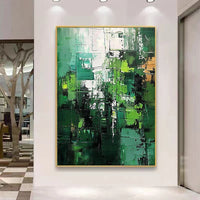 HKM-008787 Large Green Abstract Handmade Oil Painting - Vertical Modern Canvas Wall Art for Home Decor