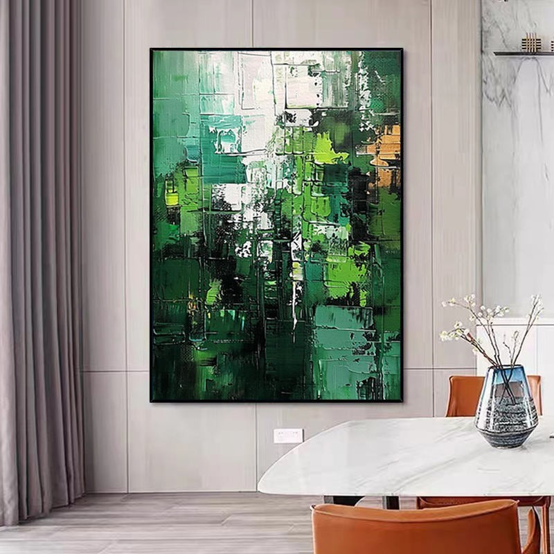 HKM-008787 Large Green Abstract Handmade Oil Painting - Vertical Modern Canvas Wall Art for Home Decor