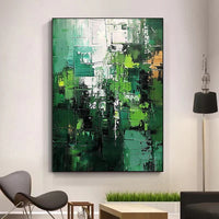 HKM-008787 Large Green Abstract Handmade Oil Painting - Vertical Modern Canvas Wall Art for Home Decor