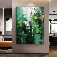 HKM-008787 Large Green Abstract Handmade Oil Painting - Vertical Modern Canvas Wall Art for Home Decor