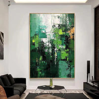 HKM-008787 Large Green Abstract Handmade Oil Painting - Vertical Modern Canvas Wall Art for Home Decor
