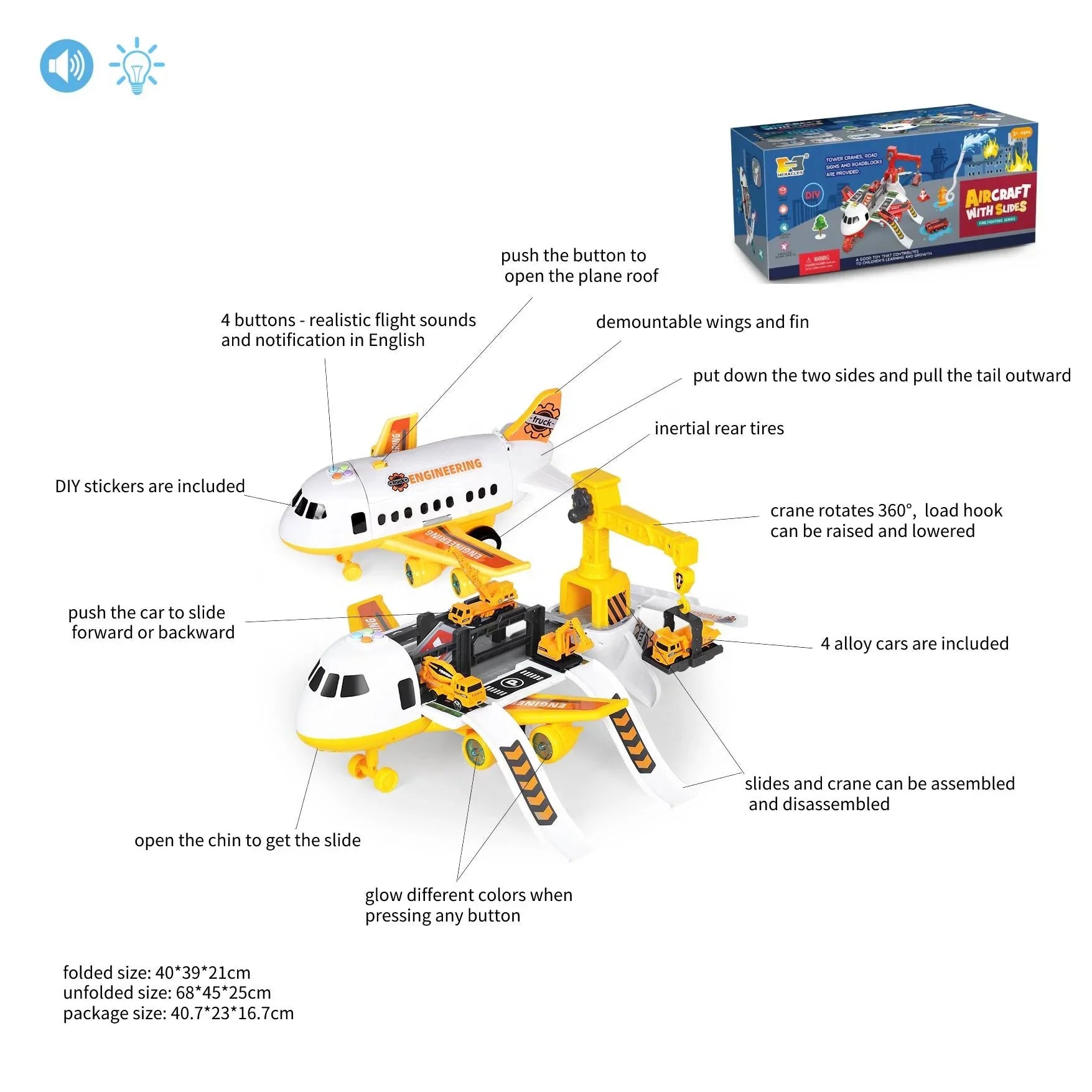 HKM-009107 Deformable Inertial Engineering Cargo Plane Toy with Parking Lot and Alloy Car, Ages 2-7