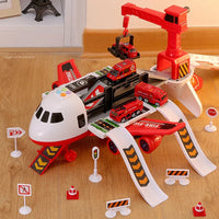 HKM-009107 Deformable Inertial Engineering Cargo Plane Toy with Parking Lot and Alloy Car, Ages 2-7