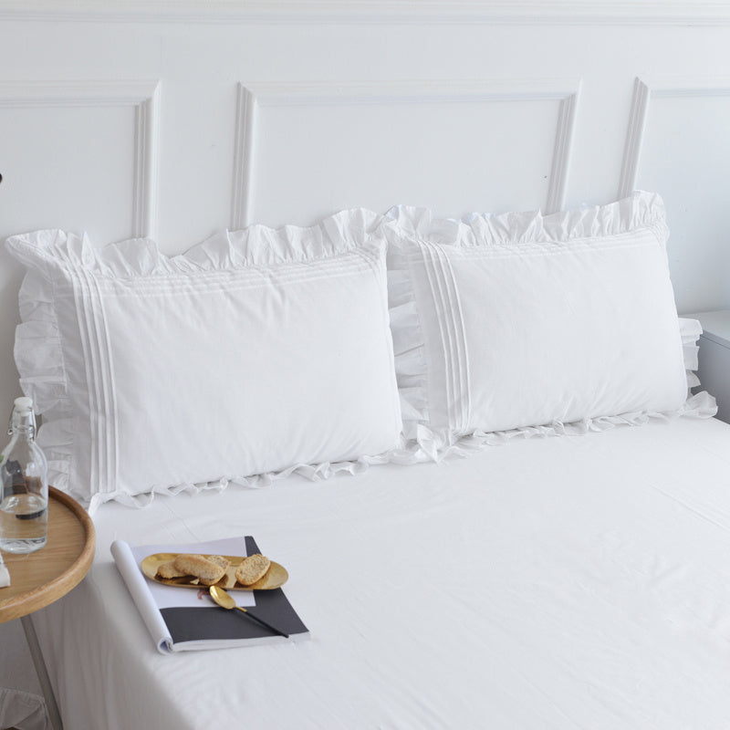 HKM-009171 Pure White Cotton Twill Korean Style Ruffled Pillowcase Set - 1 Pair, 48x74cm