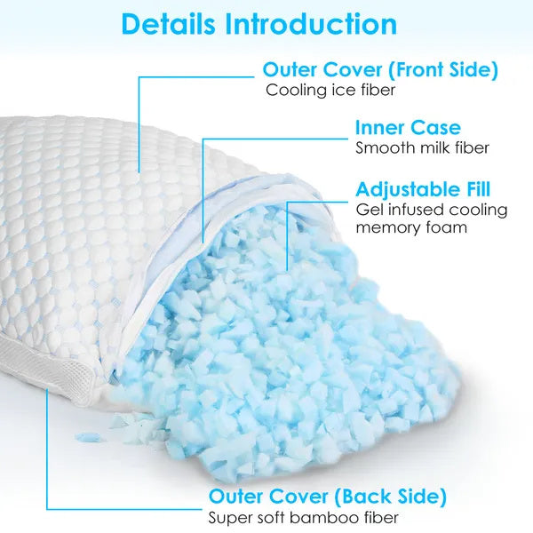 HKM-009683 Adjustable Shredded Memory Foam Pillow with Double-Sided Cooling and Bamboo Cover, Machine Washable