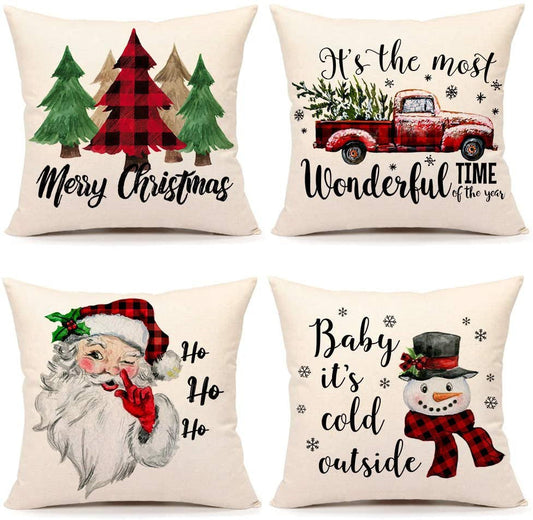 KTX-009683 Christmas Santa Linen Pillowcase for Sofa Cushion - 45cm x 45cm, Digital Print Design, Plain Back