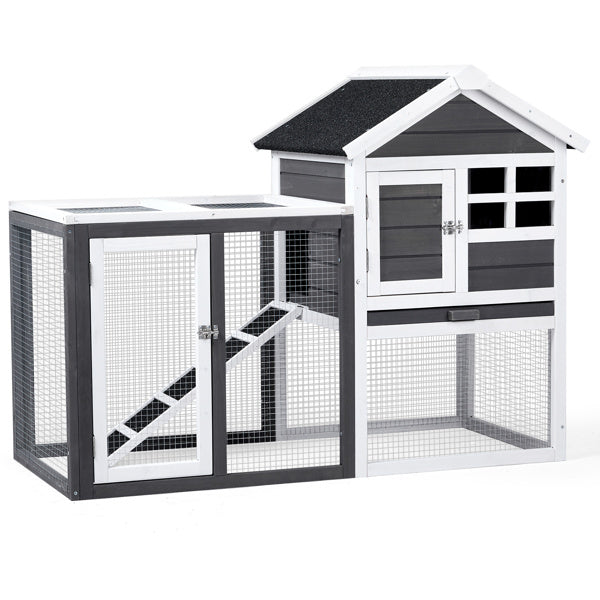 HKM-010003 Wooden Rabbit Hutch with Run and Ladder for Small Pets - Gray Fir Wood Construction