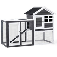 HKM-010003 Wooden Rabbit Hutch with Run and Ladder for Small Pets - Gray Fir Wood Construction
