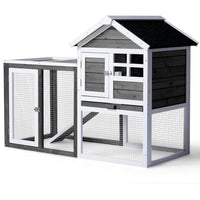 HKM-010003 Wooden Rabbit Hutch with Run and Ladder for Small Pets - Gray Fir Wood Construction