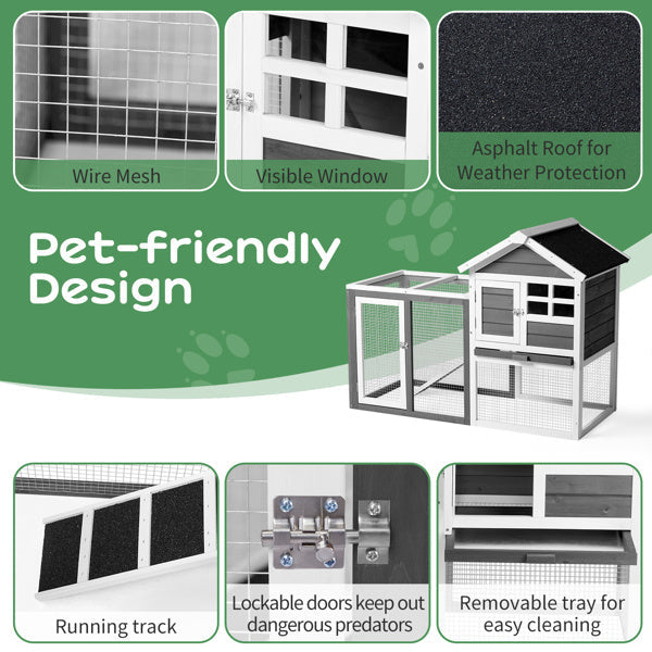 HKM-010003 Wooden Rabbit Hutch with Run and Ladder for Small Pets - Gray Fir Wood Construction
