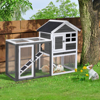 HKM-010003 Wooden Rabbit Hutch with Run and Ladder for Small Pets - Gray Fir Wood Construction