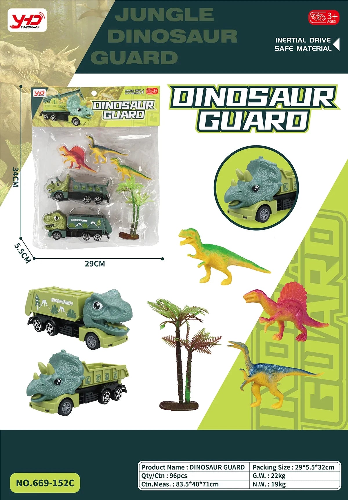 HKM-010259 Dinosaur Friction Engineering Transport Vehicles - Excavator, Crane, Oil Tanker Toys