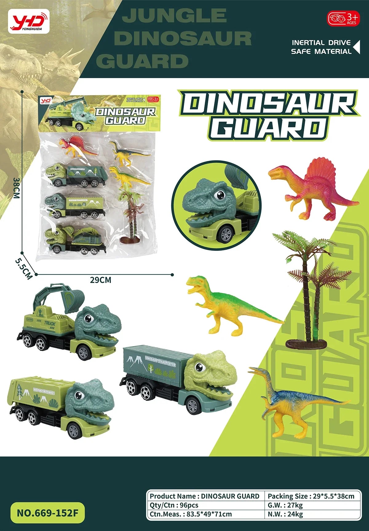 HKM-010259 Dinosaur Friction Engineering Transport Vehicles - Excavator, Crane, Oil Tanker Toys