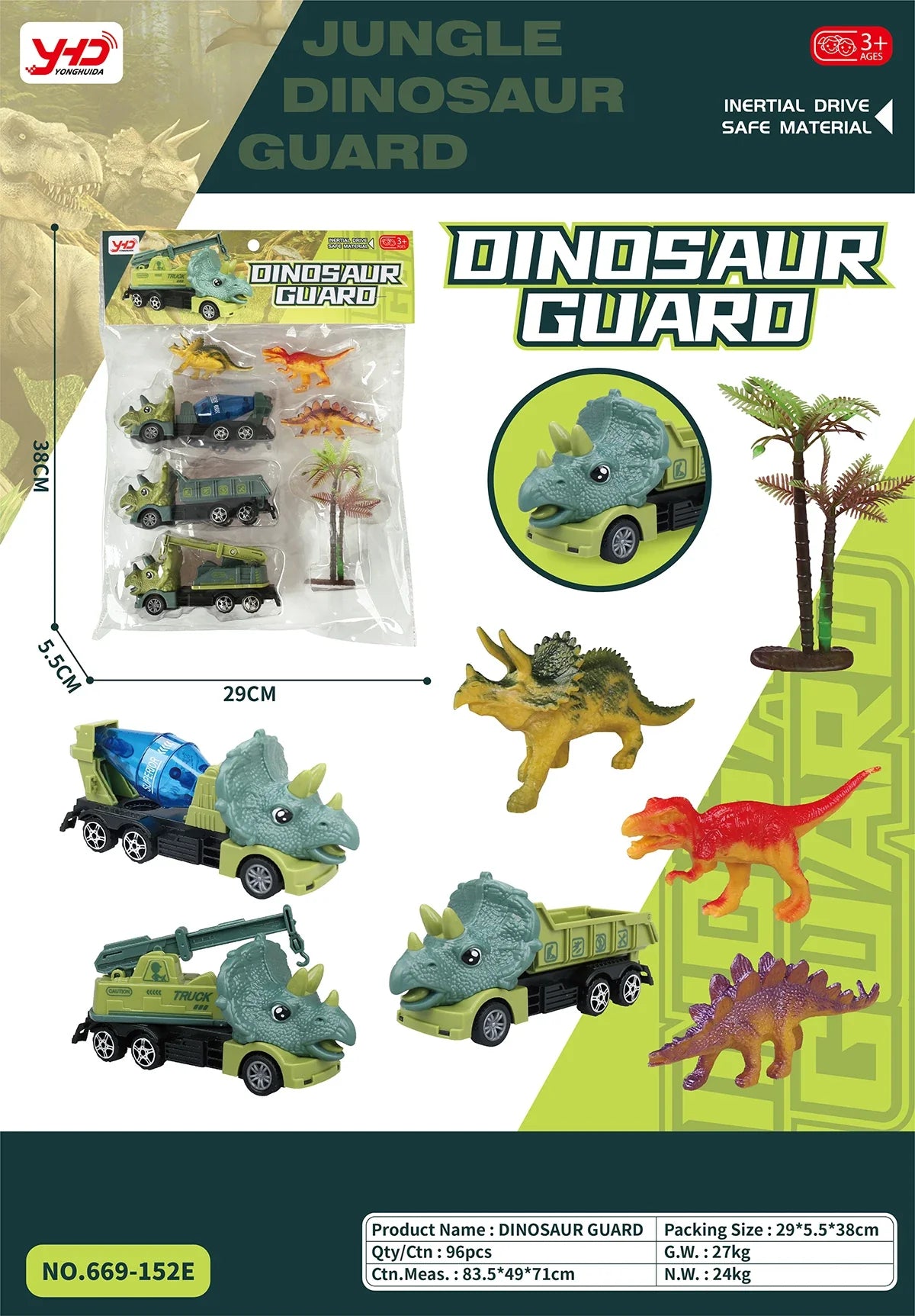 HKM-010259 Dinosaur Friction Engineering Transport Vehicles - Excavator, Crane, Oil Tanker Toys