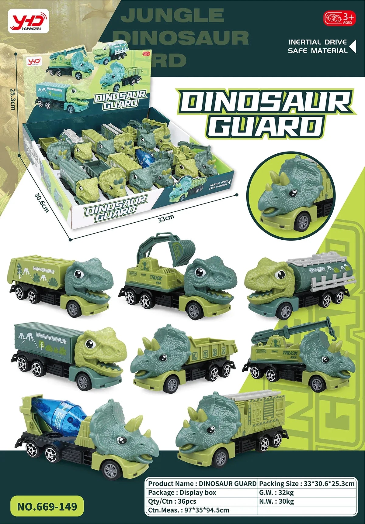 HKM-010259 Dinosaur Friction Engineering Transport Vehicles - Excavator, Crane, Oil Tanker Toys