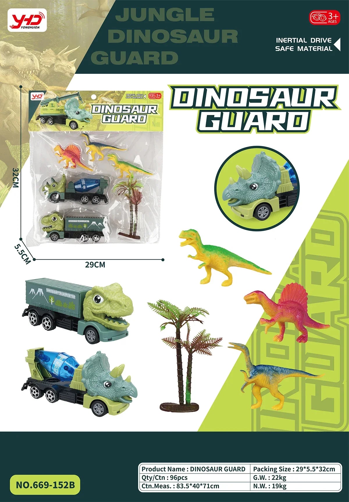 HKM-010259 Dinosaur Friction Engineering Transport Vehicles - Excavator, Crane, Oil Tanker Toys