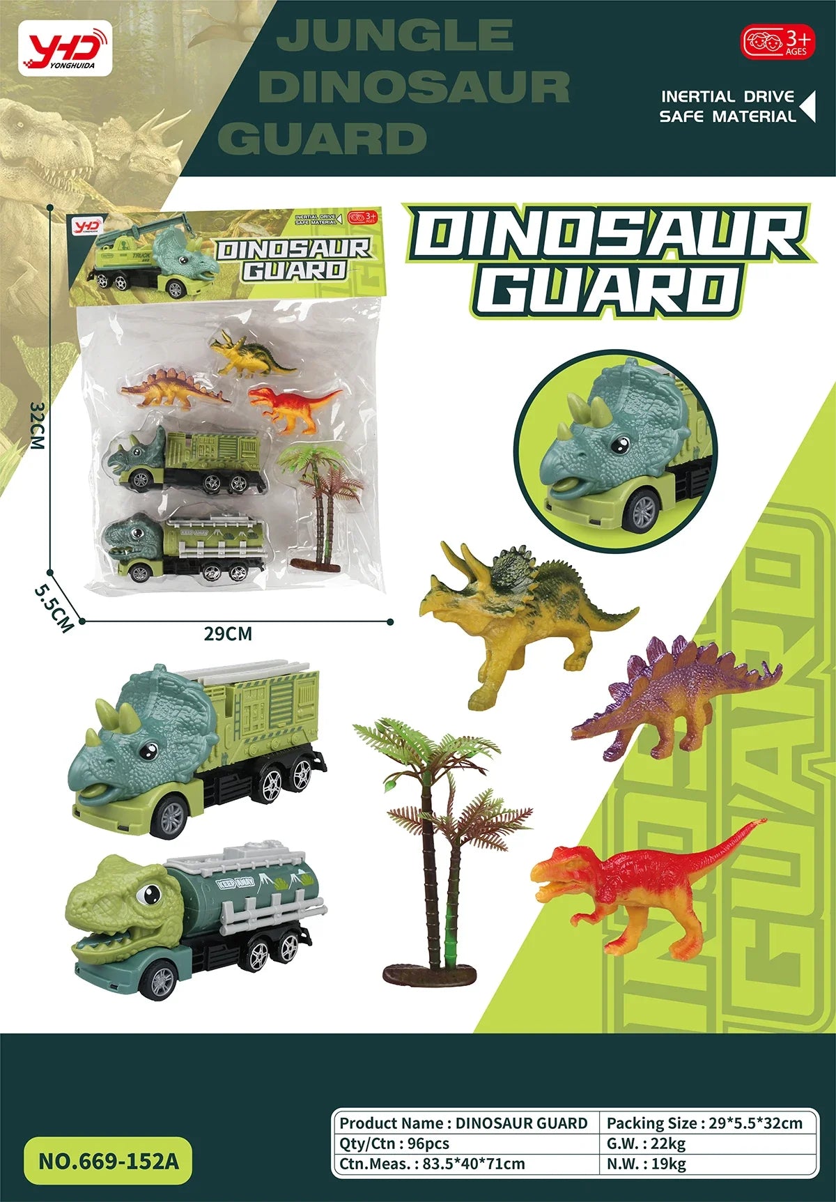 HKM-010259 Dinosaur Friction Engineering Transport Vehicles - Excavator, Crane, Oil Tanker Toys