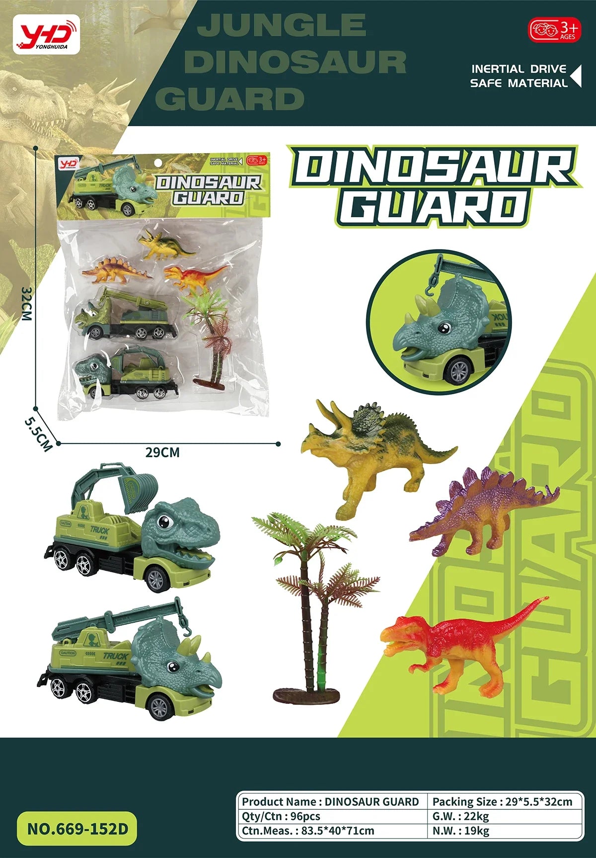 HKM-010259 Dinosaur Friction Engineering Transport Vehicles - Excavator, Crane, Oil Tanker Toys