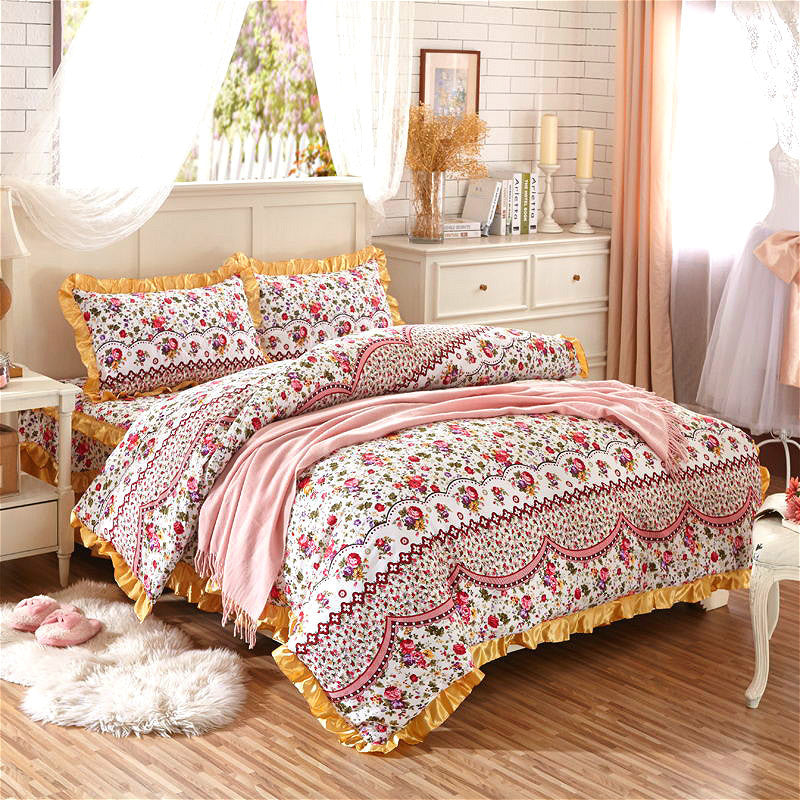 HKM-010323 Thickened Non-Slip Cotton Bed Sheet with Romantic Lace Design